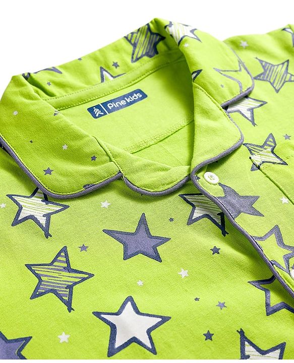Pine Kids Single Jersey Knit Half Sleeves Shorts Night Suit With Star Print - Lime Green
