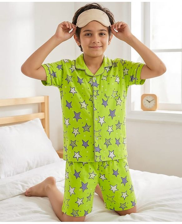 Pine Kids Single Jersey Knit Half Sleeves Shorts Night Suit With Star Print - Lime Green