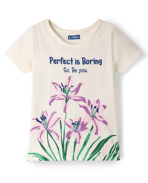 Pine Kids Single Jersey Knit Half Sleeves T-Shirt & Shorts Night-Suit With Floral & Text Print - Beige & Purple
