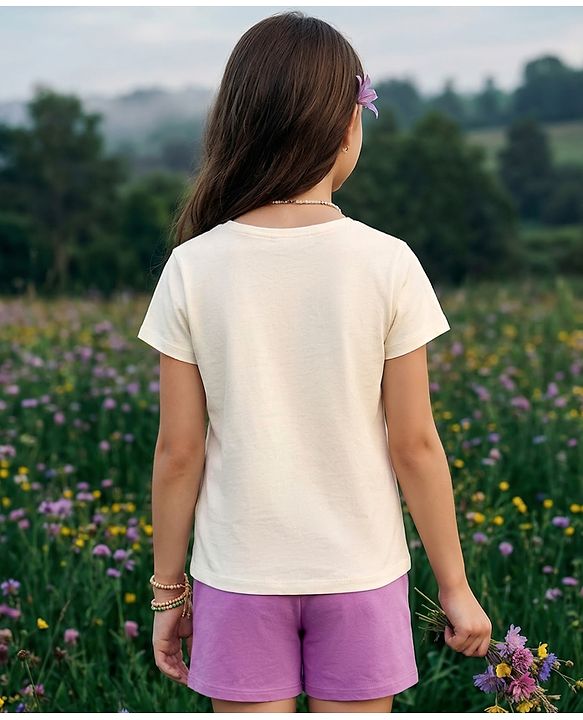 Pine Kids Single Jersey Knit Half Sleeves T-Shirt & Shorts Night-Suit With Floral & Text Print - Beige & Purple