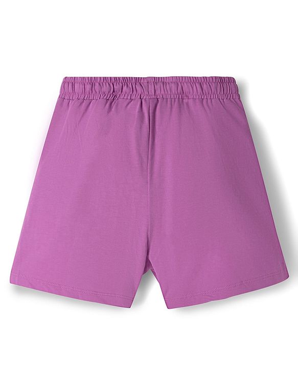 Pine Kids Single Jersey Knit Half Sleeves T-Shirt & Shorts Night-Suit With Floral & Text Print - Beige & Purple