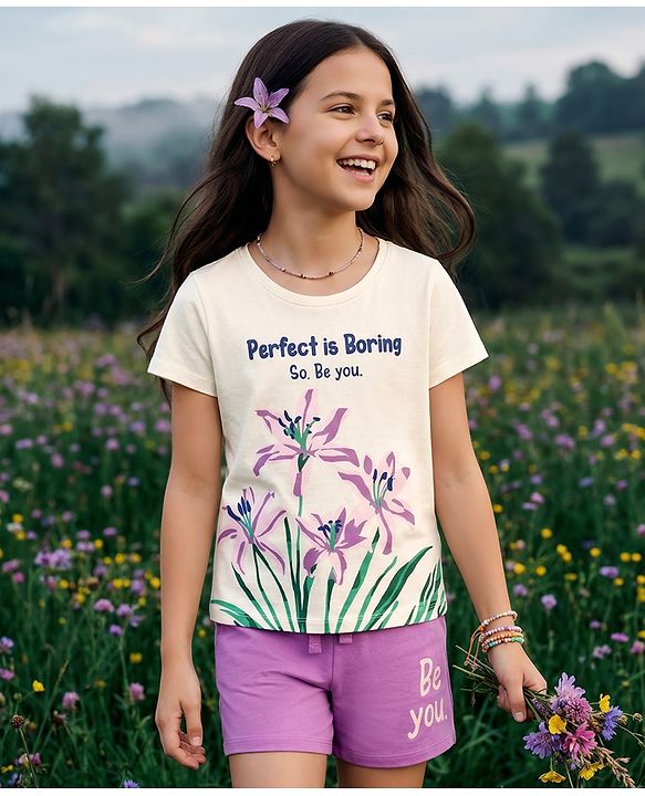 Pine Kids Single Jersey Knit Half Sleeves T-Shirt & Shorts Night-Suit With Floral & Text Print - Beige & Purple