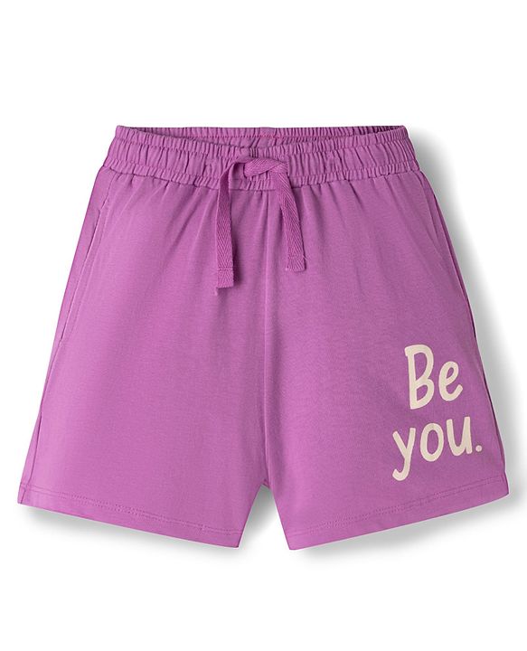 Pine Kids Single Jersey Knit Half Sleeves T-Shirt & Shorts Night-Suit With Floral & Text Print - Beige & Purple