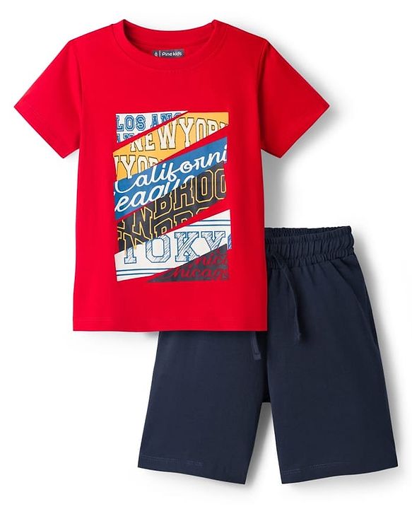 Pine Kids Single Jersey Knit Half Sleeves Shorts Night Suit With Text Print - Red