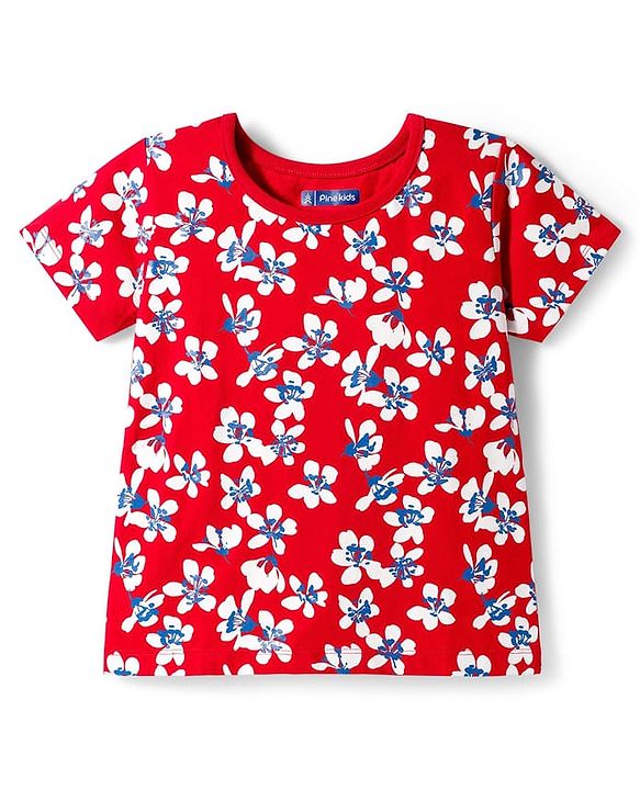 Pine Kids Single Jersey Knit Half Sleeves Shorts Co-ord Night Suit With Floral Print - Red