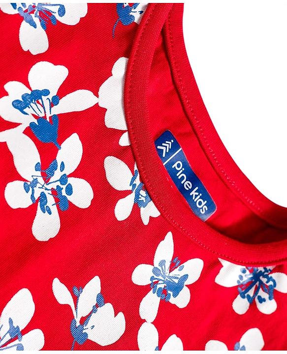 Pine Kids Single Jersey Knit Half Sleeves Shorts Co-ord Night Suit With Floral Print - Red