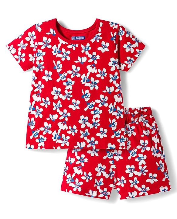 Pine Kids Single Jersey Knit Half Sleeves Shorts Co-ord Night Suit With Floral Print - Red