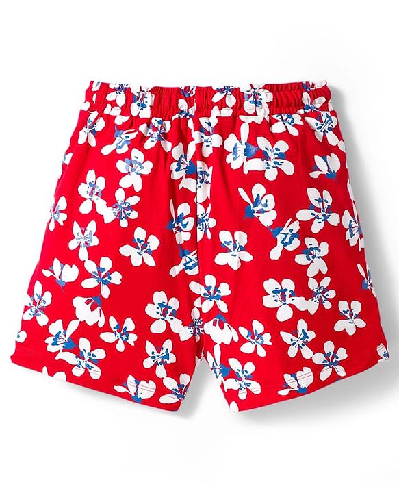 Pine Kids Single Jersey Knit Half Sleeves Shorts Co-ord Night Suit With Floral Print - Red