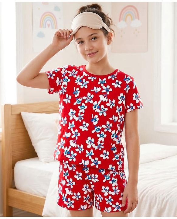 Pine Kids Single Jersey Knit Half Sleeves Shorts Co-ord Night Suit With Floral Print - Red