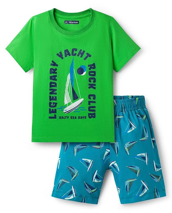 Pine Kids Single Jersey Knit Half Sleeves T-Shirt & Shorts Night Suit with Yacht Print - Green