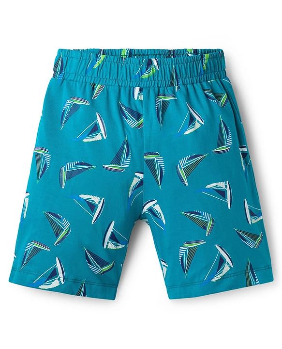 Pine Kids Single Jersey Knit Half Sleeves T-Shirt & Shorts Night Suit with Yacht Print - Green