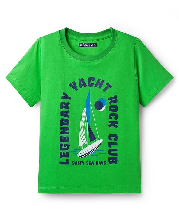 Pine Kids Single Jersey Knit Half Sleeves T-Shirt & Shorts Night Suit with Yacht Print - Green