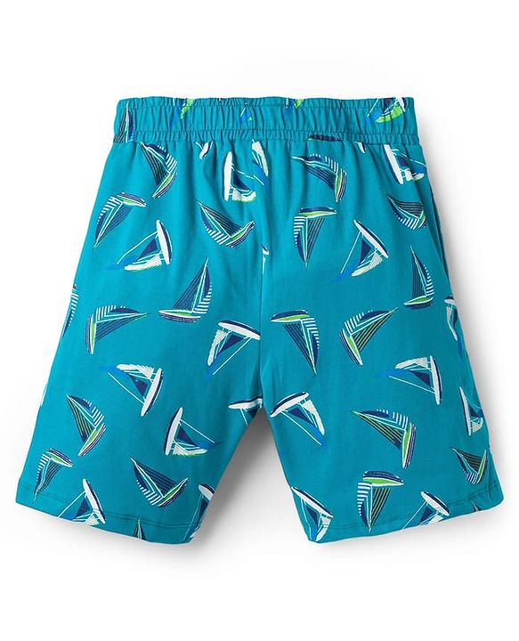 Pine Kids Single Jersey Knit Half Sleeves T-Shirt & Shorts Night Suit with Yacht Print - Green