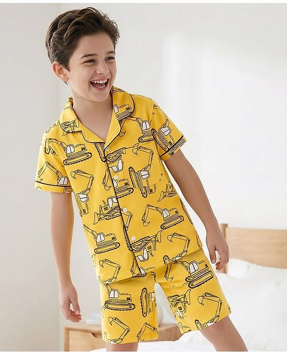 Pine Kids Single Jersey Knit Half Sleeves Shirt & Shorts Co-ord Night Suit With Excavator Print - Yellow