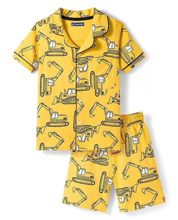 Pine Kids Single Jersey Knit Half Sleeves Shirt & Shorts Co-ord Night Suit With Excavator Print - Yellow