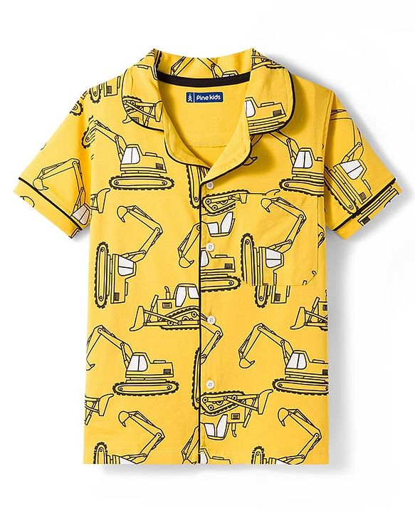Pine Kids Single Jersey Knit Half Sleeves Shirt & Shorts Co-ord Night Suit With Excavator Print - Yellow