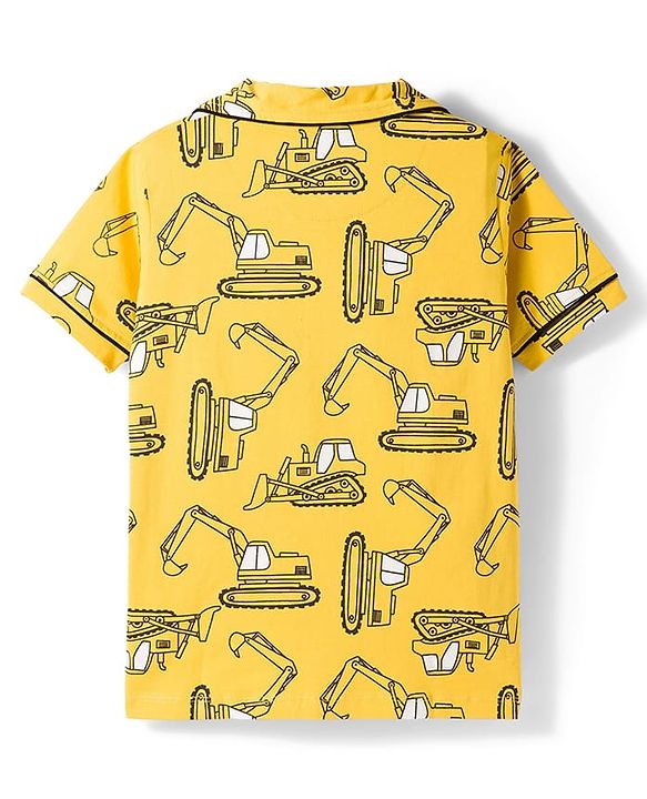 Pine Kids Single Jersey Knit Half Sleeves Shirt & Shorts Co-ord Night Suit With Excavator Print - Yellow