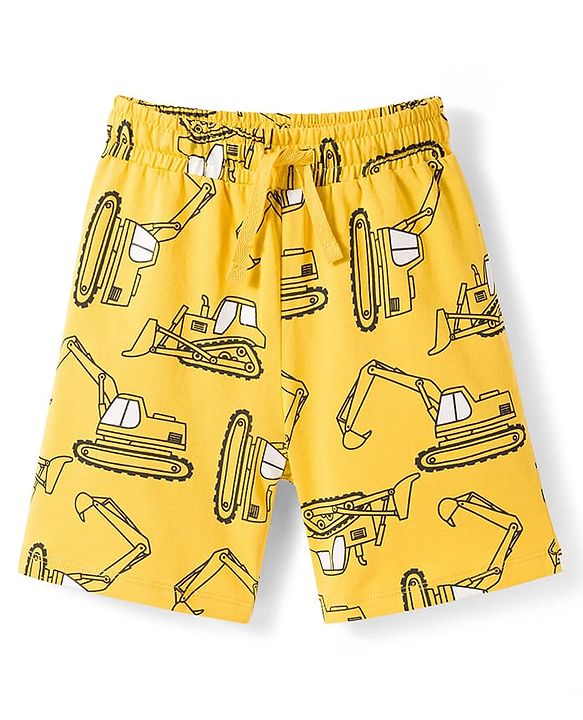Pine Kids Single Jersey Knit Half Sleeves Shirt & Shorts Co-ord Night Suit With Excavator Print - Yellow