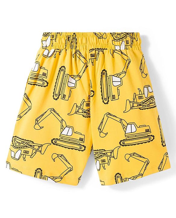 Pine Kids Single Jersey Knit Half Sleeves Shirt & Shorts Co-ord Night Suit With Excavator Print - Yellow