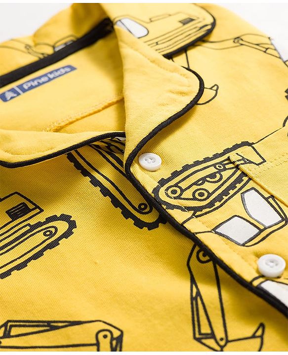 Pine Kids Single Jersey Knit Half Sleeves Shirt & Shorts Co-ord Night Suit With Excavator Print - Yellow