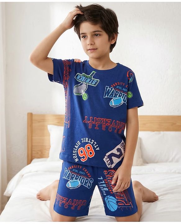 Pine Kids Single Jersey Knit Half Sleeves Shorts Co-ord Night Suit With Sports Print - Navy Blue