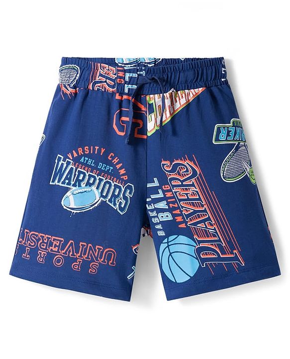 Pine Kids Single Jersey Knit Half Sleeves Shorts Co-ord Night Suit With Sports Print - Navy Blue