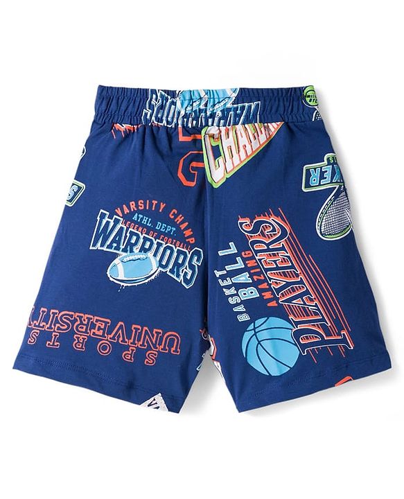Pine Kids Single Jersey Knit Half Sleeves Shorts Co-ord Night Suit With Sports Print - Navy Blue
