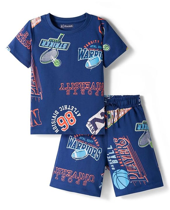 Pine Kids Single Jersey Knit Half Sleeves Shorts Co-ord Night Suit With Sports Print - Navy Blue