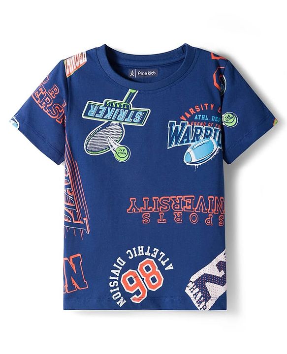 Pine Kids Single Jersey Knit Half Sleeves Shorts Co-ord Night Suit With Sports Print - Navy Blue