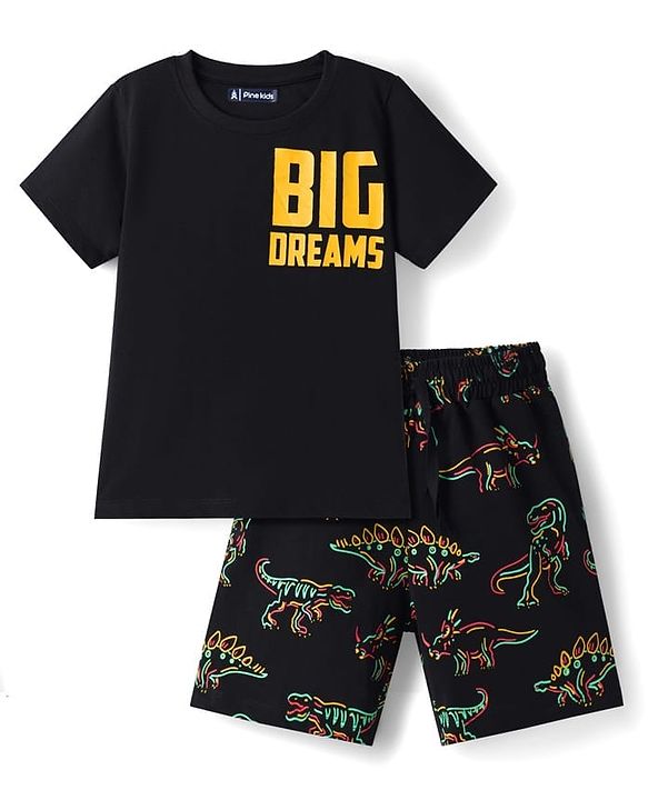 Pine Kids Single Jersey Knit Half Sleeves Shorts Night Suit With Dino Print - Black