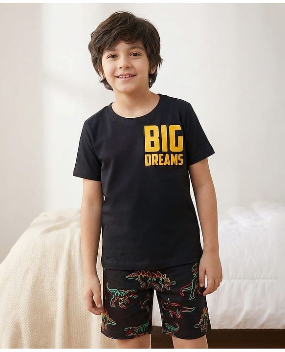 Pine Kids Single Jersey Knit Half Sleeves Shorts Night Suit With Dino Print - Black