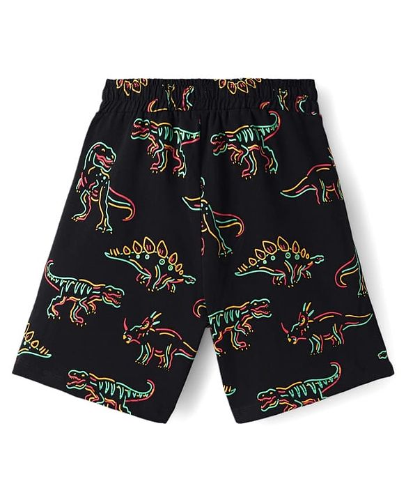 Pine Kids Single Jersey Knit Half Sleeves Shorts Night Suit With Dino Print - Black