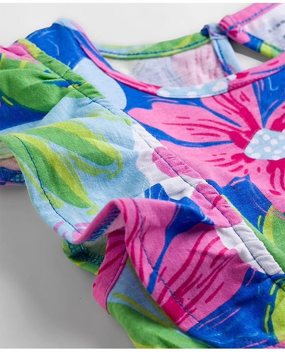 Pine Kids Cotton Knit Frill Sleeves Frock with Floral Print - Multicolor