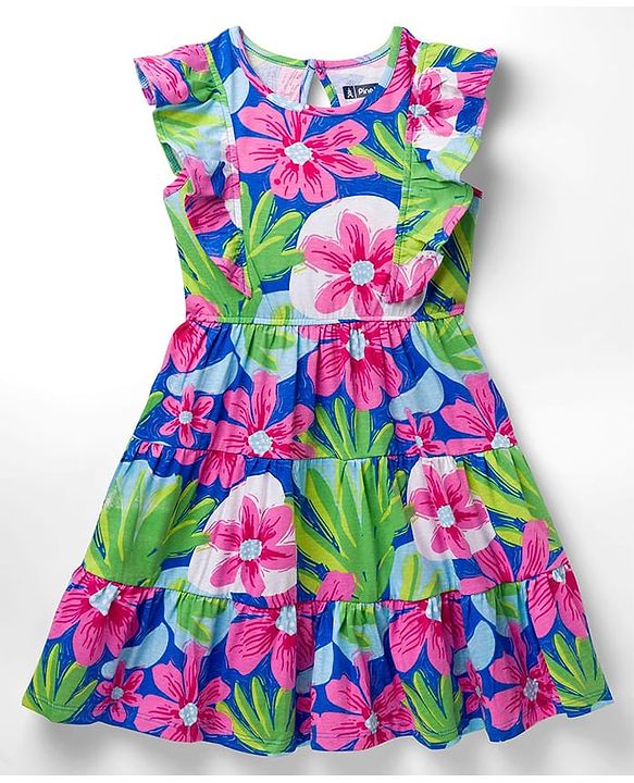 Pine Kids Cotton Knit Frill Sleeves Frock with Floral Print - Multicolor