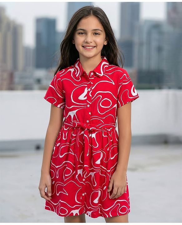 Pine Kids Cotton Knit Half Sleeves Printed Shirt Dress - Red