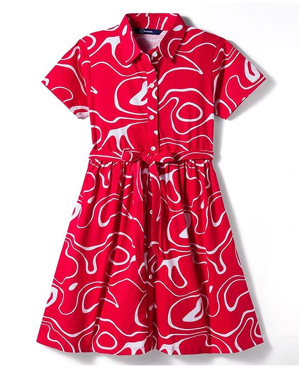 Pine Kids Cotton Knit Half Sleeves Printed Shirt Dress - Red