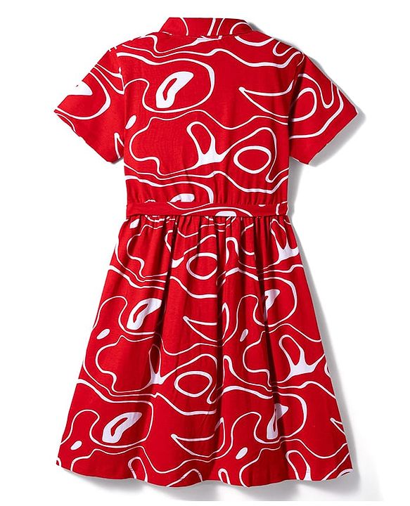 Pine Kids Cotton Knit Half Sleeves Printed Shirt Dress - Red