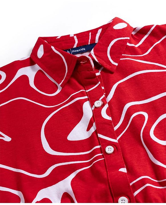 Pine Kids Cotton Knit Half Sleeves Printed Shirt Dress - Red