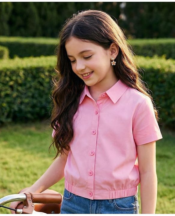 Pine Kids Cotton Woven Half Sleeves Solid Color Shirt Style Top - Pink