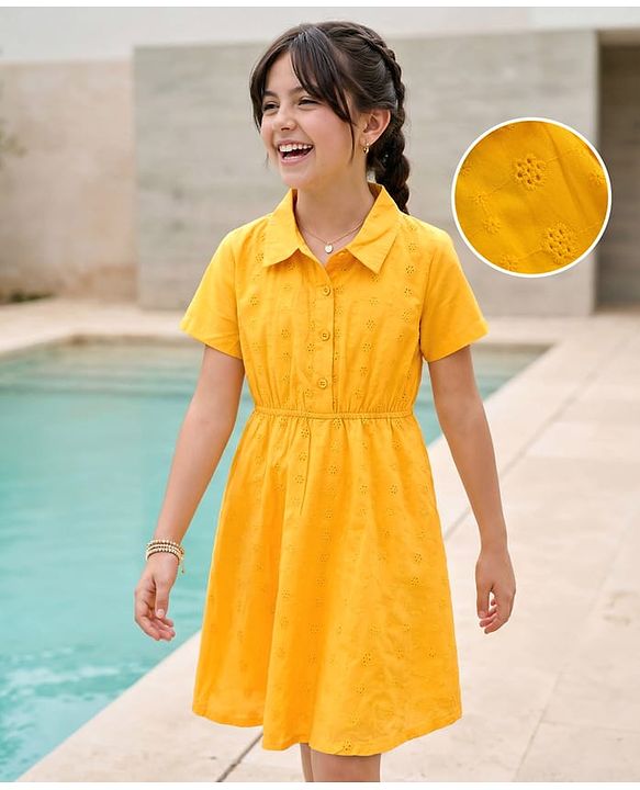 Pine Kids Cambric Woven Half Sleeves Frock With Floral Design - Yellow