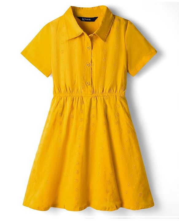 Pine Kids Cambric Woven Half Sleeves Frock With Floral Design - Yellow
