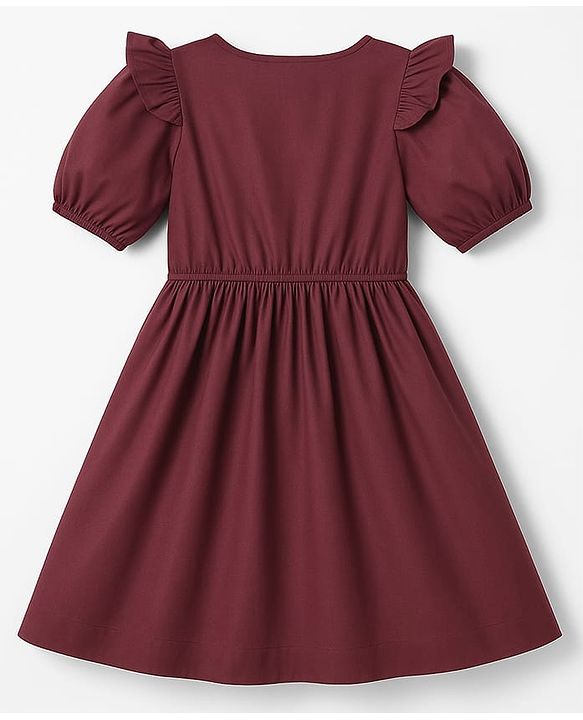 Pine Kids Cotton Woven Half Puffed Sleeves Frock With Floral Embroidery - Wine