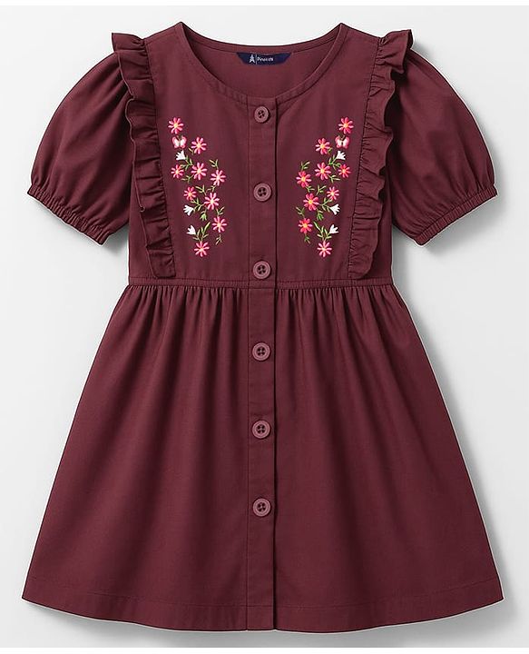 Pine Kids Cotton Woven Half Puffed Sleeves Frock With Floral Embroidery - Wine