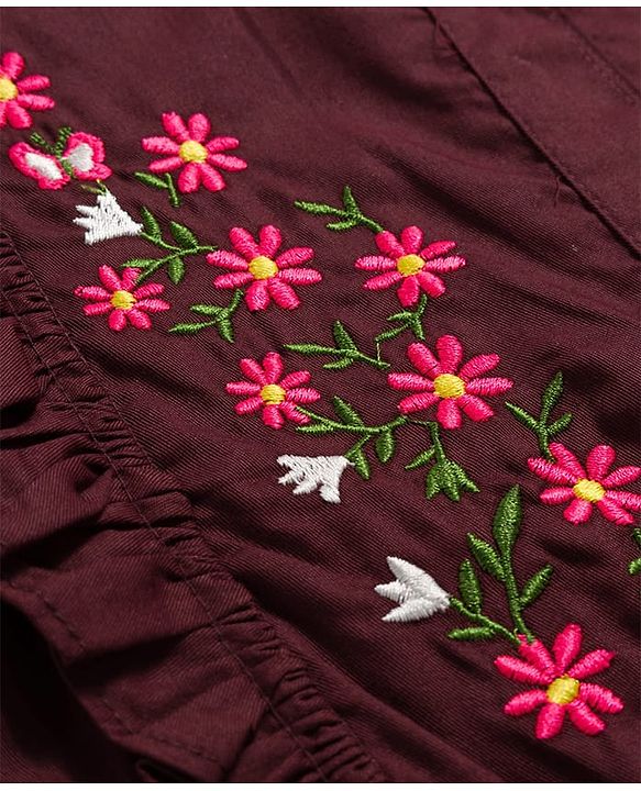 Pine Kids Cotton Woven Half Puffed Sleeves Frock With Floral Embroidery - Wine