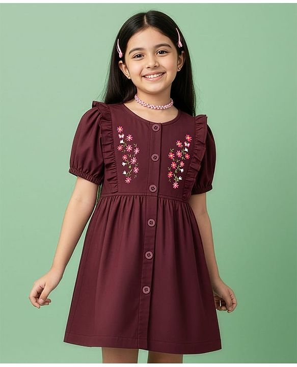 Pine Kids Cotton Woven Half Puffed Sleeves Frock With Floral Embroidery - Wine