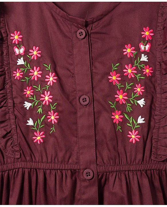 Pine Kids Cotton Woven Half Puffed Sleeves Frock With Floral Embroidery - Wine