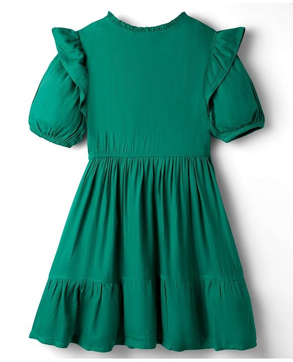 Pine Kids Woven Half Sleeves Solid Frock With Frill Detailing - Green