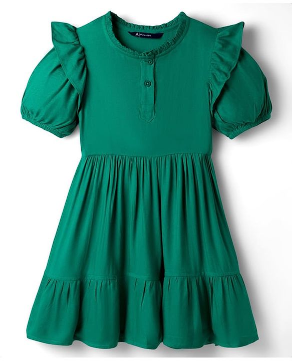 Pine Kids Woven Half Sleeves Solid Frock With Frill Detailing - Green