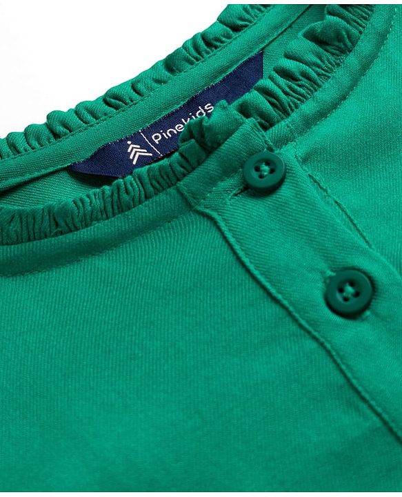 Pine Kids Woven Half Sleeves Solid Frock With Frill Detailing - Green