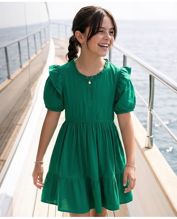 Pine Kids Woven Half Sleeves Solid Frock With Frill Detailing - Green